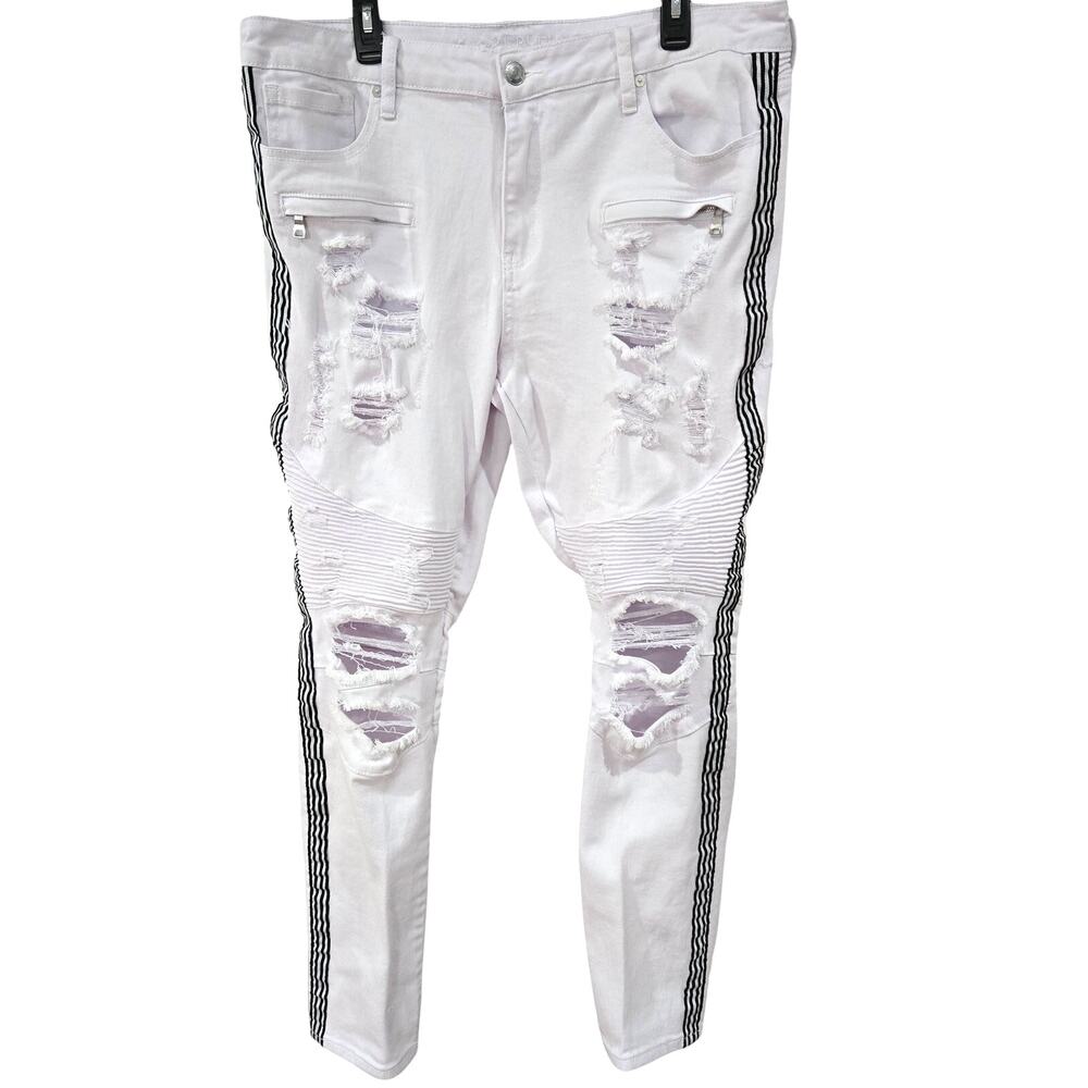Rue 21 Mens 38/32 White Skinny Supreme Flex Moto Striped Ribbed  Jeans